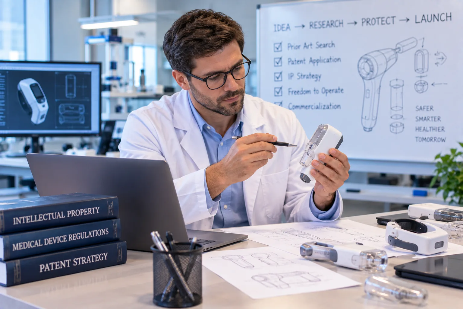 Medical device engineer examining a prototype at a lab bench beside design drawings and an IP strategy checklist